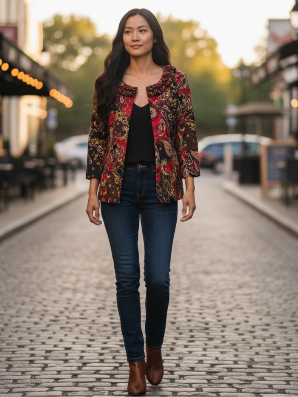 Ivy Chic Paisley Ruffle-Neck Blazer in Red & Brown